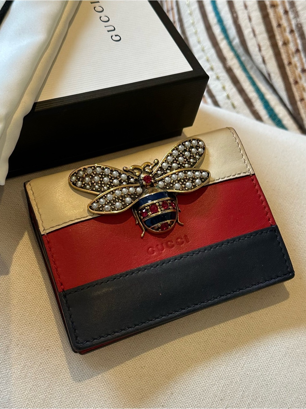 Gucci Butterfly Faux Pearl Accents Crystals Leather Wallet